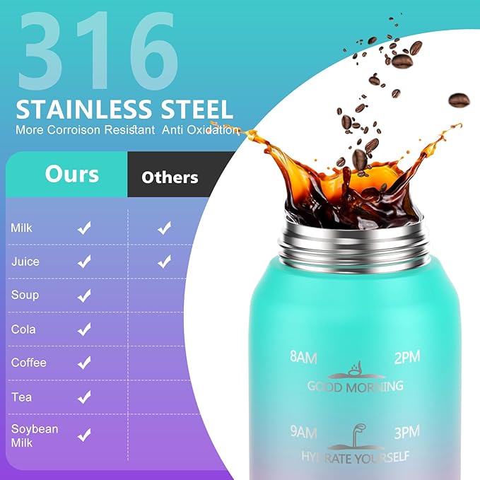 Sports Water Bottle 18/10 Stainless Steel 32oz with 2Lids, 1000ml Insulated Water Bottle Double Walled with Handle, Metal Canteen Keep Cold 48H Hot 24H for Men, Women & Kids