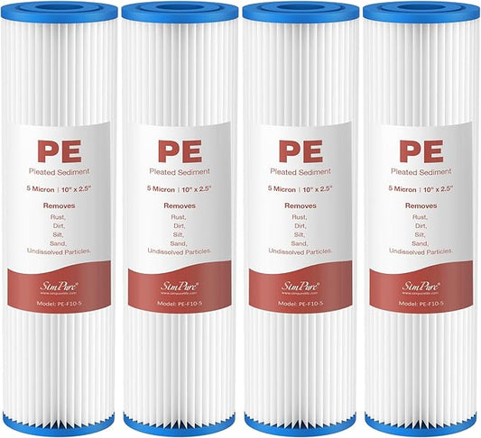 SimPure 10"x2.5" Pleated Polyester Sediment Water Filter Replacement Cartridge 5 Micron Whole House Pre-Filter Compatible with W50PE, WFPFC3002, SPC-25-1050, FM-50-975 - 4 Pack