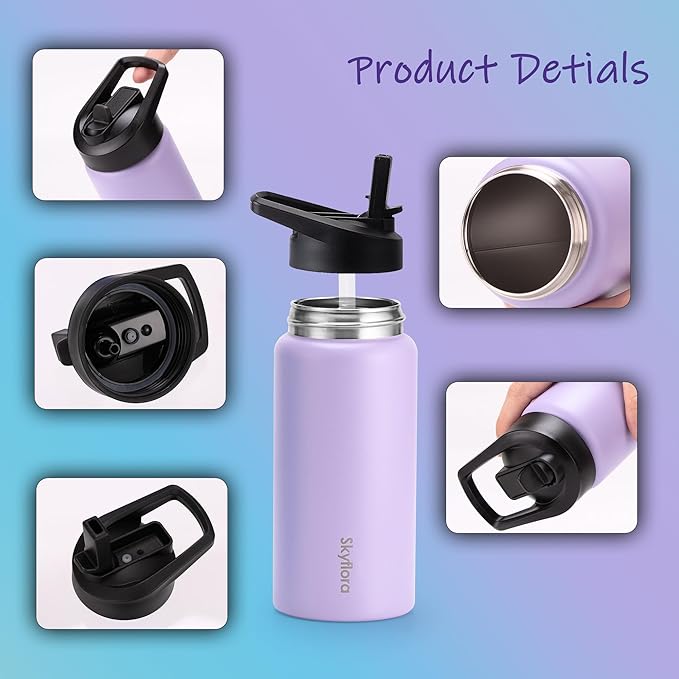 Kids Water Bottle with Straw 2 Pack, 16oz Water Bottles Bulk, Single Wall 18/8 Stainless Steel, Dishwasher Safe & Leakproof, Reusable Gift for Girls Boys to School Sports Travel Camping, Pink & Purple