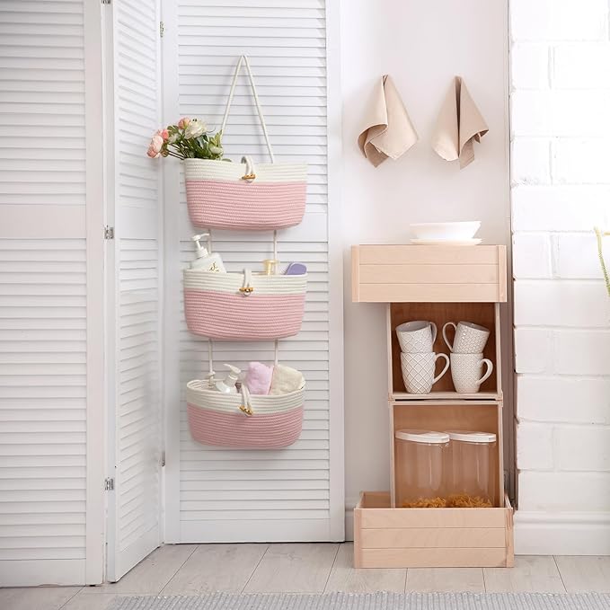 TeoKJ Over The Door Hanging Baskets with Button Strap, 3-Tier Woven Cotton Storage Organizer Bag, Wall-Mounted with Hook Decorative Hanging Nursery Baskets - Pink+White