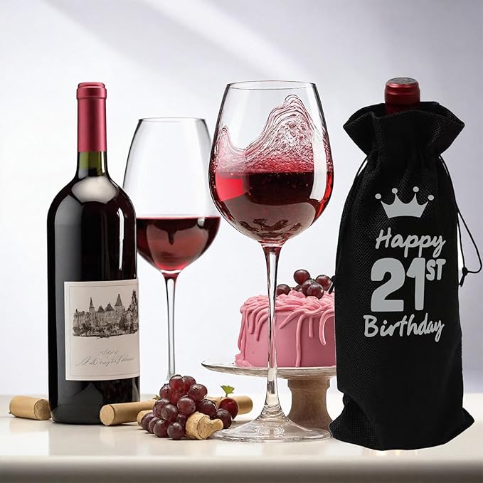 comfit 21st Birthday Wine Bag, 21st Birthday Party Decoration Wine Bag Gifts, Happy Birthday decor, Pairs Well with Celebrating Birthday Wine Bag for Her Him,Black