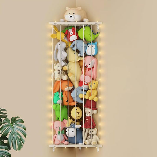 Stuffed Animal Storage Toy Organizer - Corner Stuff Animal Holder for Kids with Light - Wall r Plush Toys Holder with Length Adjustable for Nursery Playroom Bedroom (Ivory)