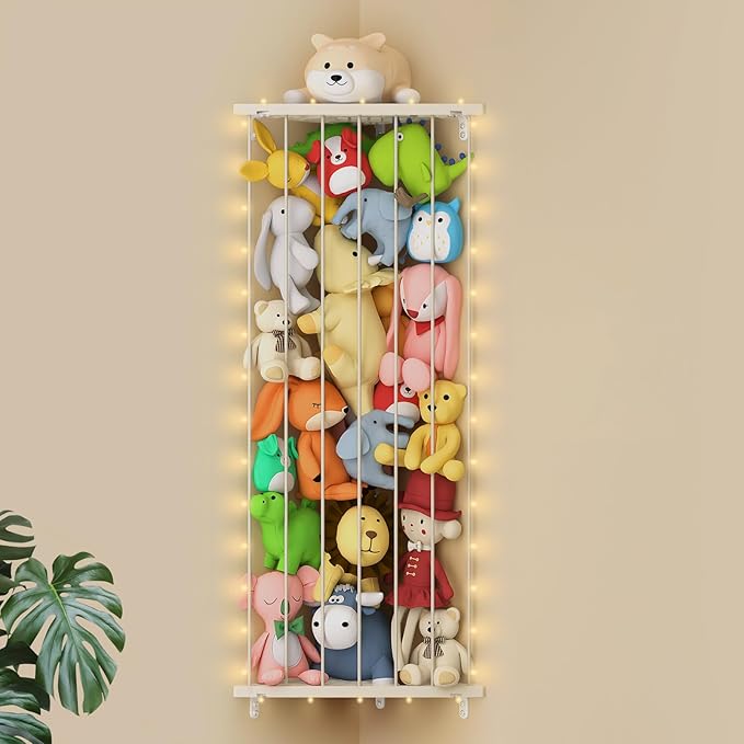 Stuffed Animal Storage Toy Organizer - Corner Stuff Animal Holder for Kids with Light - Wall r Plush Toys Holder with Length Adjustable for Nursery Playroom Bedroom (Ivory)