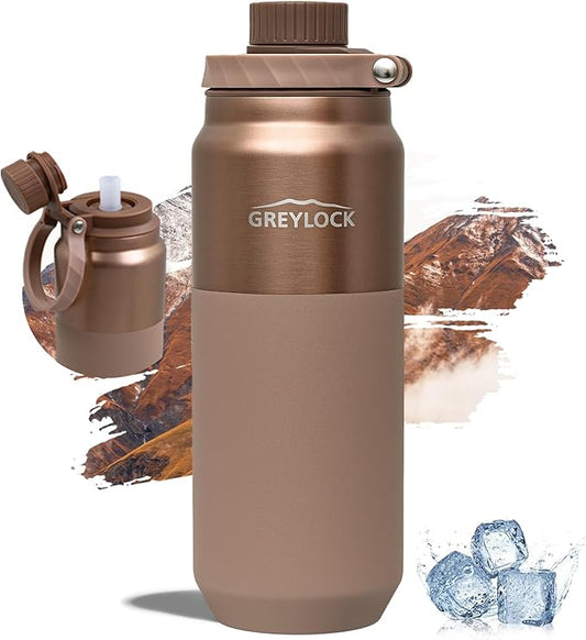 Greylock 20 oz Insulated Stainless Steel Water Bottle with Straw Lid- BPA-Free Leak Proof When Closed, Reusable Metal Water Bottle with Carry Handle for Travel Camping, 24 Hours Cold (Sunsetbronze)