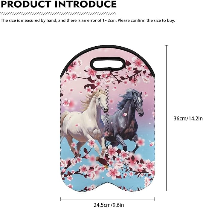 doginthehole Horse Print Wine Tote Neoprene Wine Carrier Bag with Handle Cherry Blossom Wine Bottle Holder Champagne Beer Bottle Sleeve Protective Travel Bag for Birthday, Wedding, Picnic Party