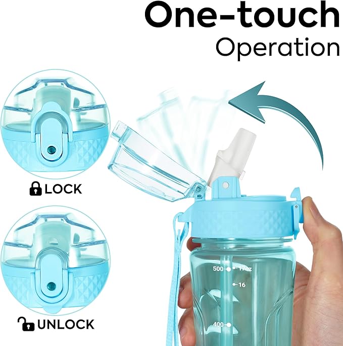 OLDLEY Kids Water Bottle with Straw 15 oz BPA-Free Leak-Proof Motivational Water Bottles with Time Marker for School Sports Travel Gym, Easy to Use for Girls Goys, 1 Straw Lid, Transparent-blue