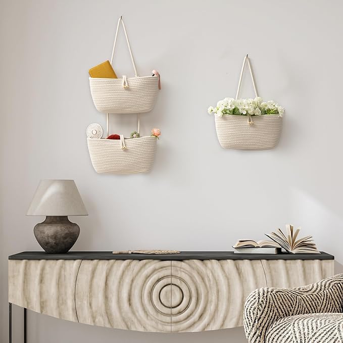 TeoKJ Over the Door Hanging Baskets with Button Strap, 3-Tier Woven Cotton Storage Organizer Bag, Wall-Mounted with Hook Decorative Hanging Kitchen Baskets - White