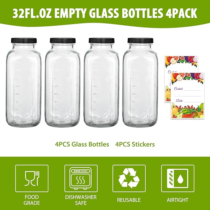 4Pack Juicing Bottles Reusable Glass 32oz,Reusable Square Glass Juice Bottles with Lids,Clear Empty Glass for Beverages, Jams, Kombucha, Milkshakes,Oils(32fl.oz,Set of 4)