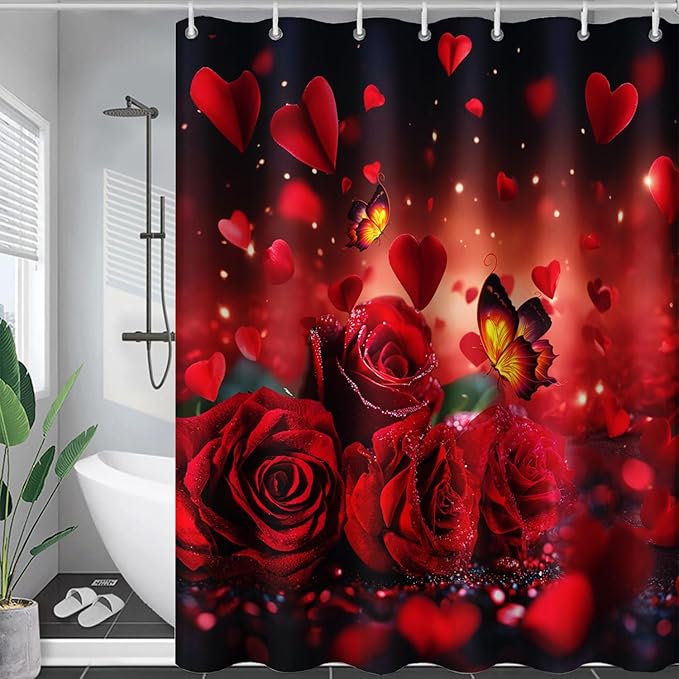 AILONEN 3D Rose Shower Curtain for Bathroom, Red Rose Hearts Print Bath Curtain,Romantic Rose Flower Shower Curtain Decoration Waterproof with 12 Plastic Hooks, 72" W*84" H