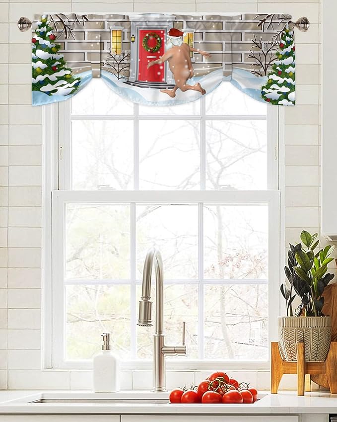 Christmas Farmhouse Blackout Tie Up Valance Curtains for Kitchen Windows Funny Santa Claus Window Toppers Balloon Shades for Living Room/Bathroom/Bedroom,1 Panel,54" X 18" Holly Xmas Tree
