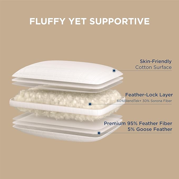 Bedsure Luxury Goose Feathers Down Pillow - 300 Thread Count Cotton Cover Gusseted Hotel Collection Bed Queen Pillow, Ultra-Soft High Elasticity Sorona Fiber Layer Pillows (1, Peyote, Standard)