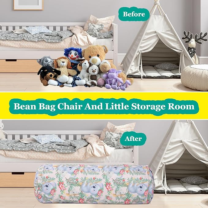 Stuffed Animal Bean Bag Storage Chair for Kids Cover Only (No Filler), Organize, Sit, Play & Boxing, 100% Cotton Canvas Washable, Ultra Soft Cylinder Long Vertical Zipper Best Gift for Child