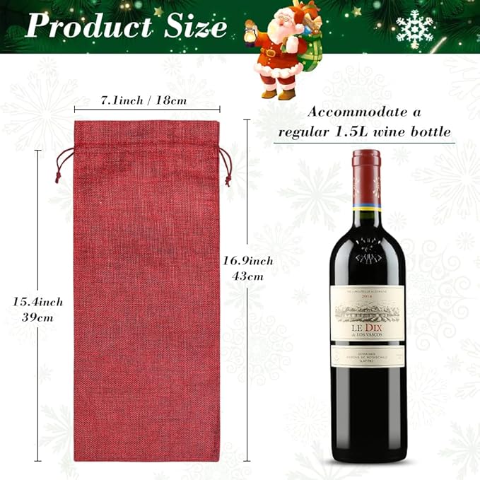 Shintop 10pcs Jute Wine Bags 1.5L, 16 x 6.7 inches Hessian Wine Bottle Gift Bags with Drawstring (Red)
