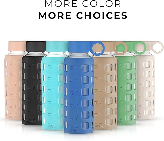 purifyou Premium 40/32 / 22/12 oz Glass Water Bottles with Volume & Times to Drink, Silicone Sleeve & Stainless Steel Lid Insert, Reusable Bottle for Fridge Water, Juice (12oz Chinese Porcelain)