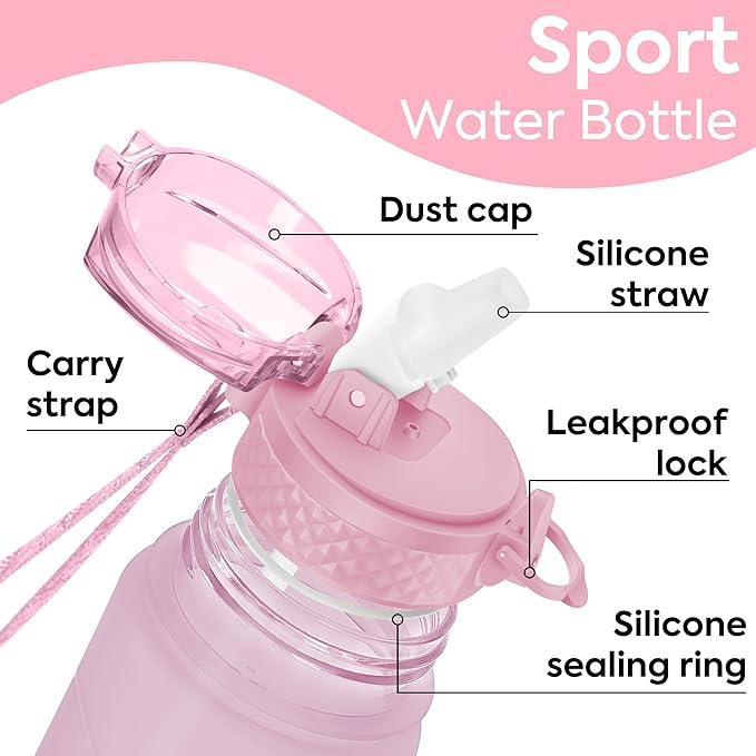 OLDLEY Kids Water Bottle with Straw 15 oz BPA-Free Leak-Proof Motivational Water Bottles with Time Marker for School Sports Travel Gym, Easy to Use for Girls Goys, 1 Straw Lid, Candy Pink