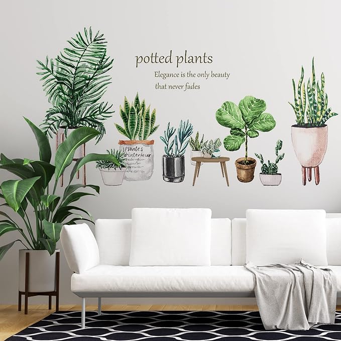Green Plants Potted Wall Decals Tropical Plants Green Leaves Wall Stickers, DIY Vinyl Nature Wallpaper, for Living Room Background Wall Decoration Kids Bedroom Kitchen Office Girl Room