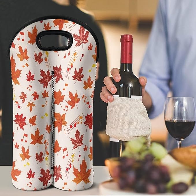 doginthehole Wine Carrier Tote 2 Bottle Champagne Bottle Protector Sleeve Pouch Fall Maple Leaf Musical Note Print Wine Bottle Packag Bag Wine Bags for Travel, Picnic, Party