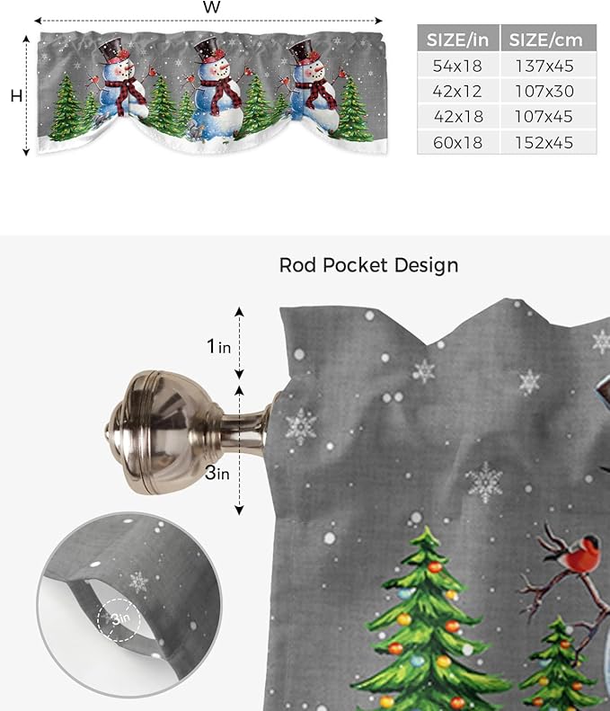 Christmas Snowman Blackout Tie Up Valance Curtains for Kitchen Windows Winter Holidays Cardinal White Snowflake Window Toppers Balloon Shades for Living Room/Bathroom/Bedroom,1 Panel,42" X 12" Gray