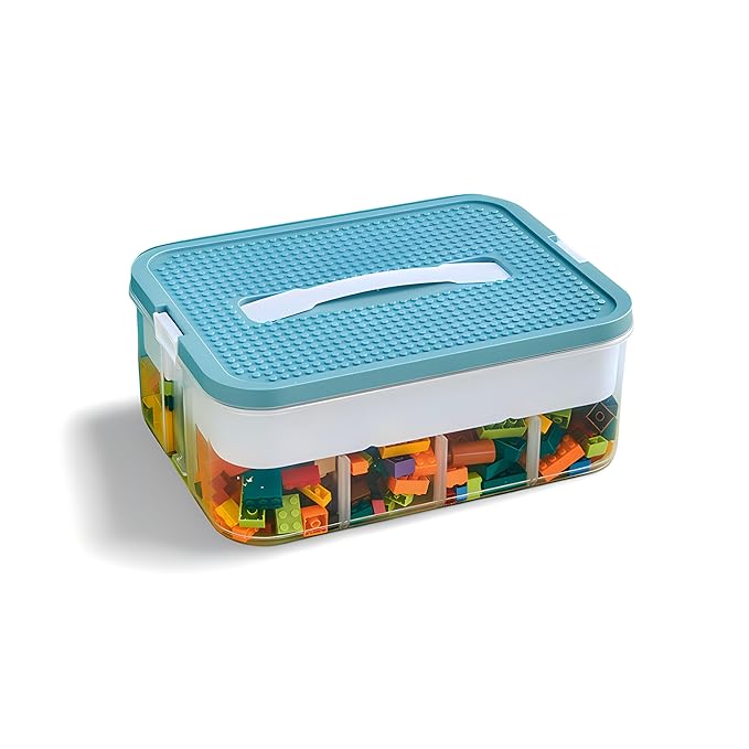 Plastic Storage Organizer for Lego, Stackable Toy Containers with Lids and Handle, Clear Toy Storage Box Chest with Removable Tray for Kids Nursery, Closet, Playroom- Toy Blocks Not Included (1 Tier)