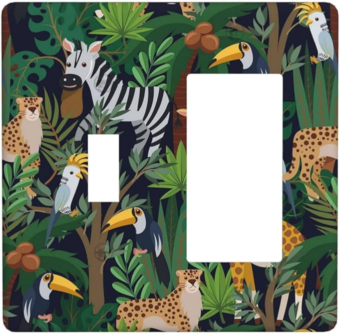Cartoon Animal Zebra Leopard Giraffe Bird Leaf 2 Gang Single Toggle Rocker Combination Nursery Light Switch Covers Decorative Wall Plate Cover Electrical Faceplate Switchplate for Kidroom