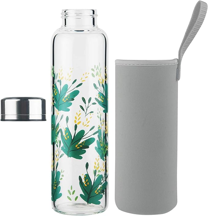 Borosilicate Glass Water Bottle, Sports Glass Drinking Bottle with Neoprene Sleeve and Stainless Steel Lid 16oz / 32oz