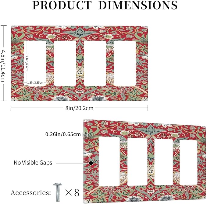 William Morris Strawberry Thief Botanical Red Green 4 Gang Rocker Decora Light Switch Cover Outlet Covers Wall Plate Decorative Switchplate Electrical Faceplate GFCI for Country Bedroom Decor