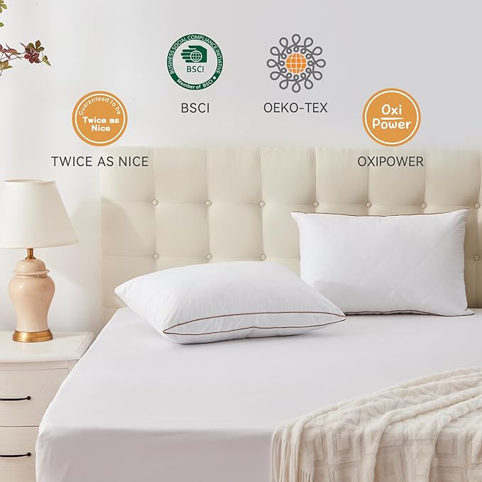 UNIKOME Natural Goose Feathers and Down Pillow - Standard Size Set of 2, Medium Firm Pillow with 100% Cotton Cover,Gussted & Quilting Design Hotel Collection Bed Pillows for Back,Stomach,Side Sleeping