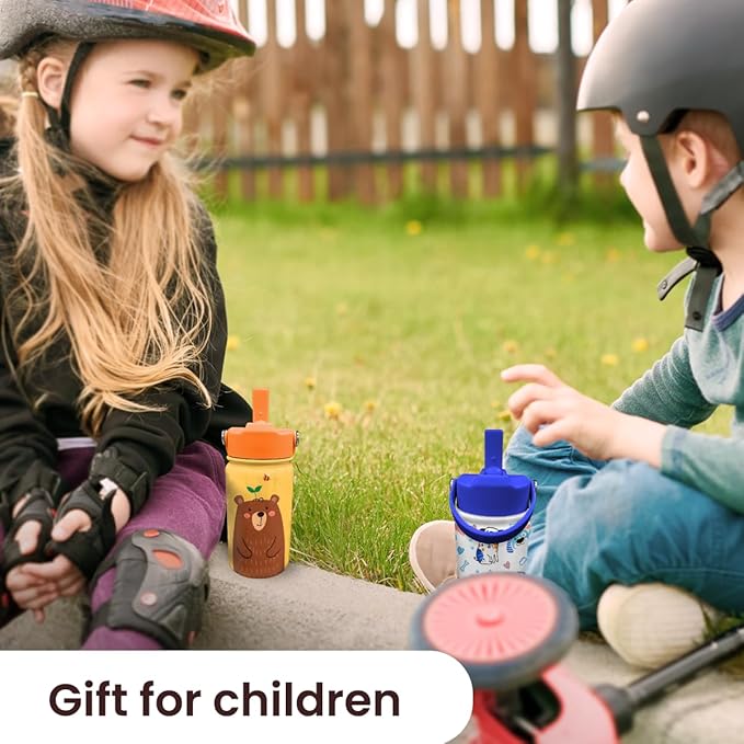 Bear Water Bottle - Kids Water Bottle with Straw Lid - 12 Oz Insulated Stainless Steel Water Bottles for Toddlers Kid Boys - Travel Cup for School Sports