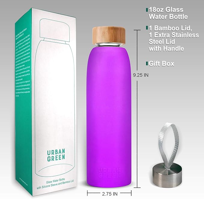 Glass Water Bottle with Protective Silicone Sleeve and Bamboo Lid Urban green, 18oz, 1extra 304 Stainless Steel Lid with Handle, BPA Free, Dishwasher Safe, Valentine Gift