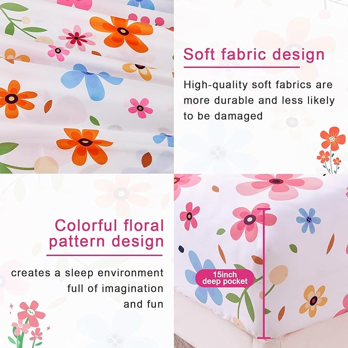 Twin Sheets Set Colorful Floral Bed Sheets Set Girls Cute Soft Microfiber Cooling Sheets 3 Pieces Kids Twin Size Bed Set Wrinkle Free, 15 inch Deep Pocket Fitted Sheet, Flat Sheet, Pillowcase