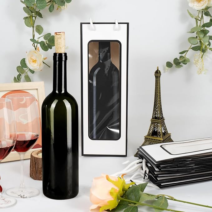 Cyblinia 20 Pack Kraft Paper Wine Bags with Window Wine Gift Bags 14.2 x 4.9 x 3.4 Inch Wine Bottle Bags with Handles Shopping Bags for Christmas, Birthday,Wedding