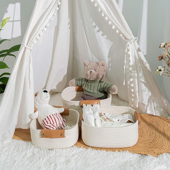 CHICVITA 3 Pack Rectangle Cotton Rope Woven Basket with Handles for Books, Magazines, Toys - Ideal Gift Decorative Basket for Baby Nursery, Living Room