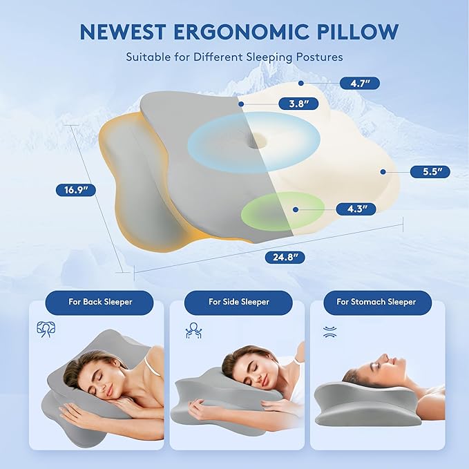 Cervical Pillow for Neck Pain Relief, Cooling Contour Memory Foam Pillows Support Odorless Ergonomic Neck Pillow Adjustable Orthopedic Bed Pillow for Side Back Stomach Sleeper with Pillowcase