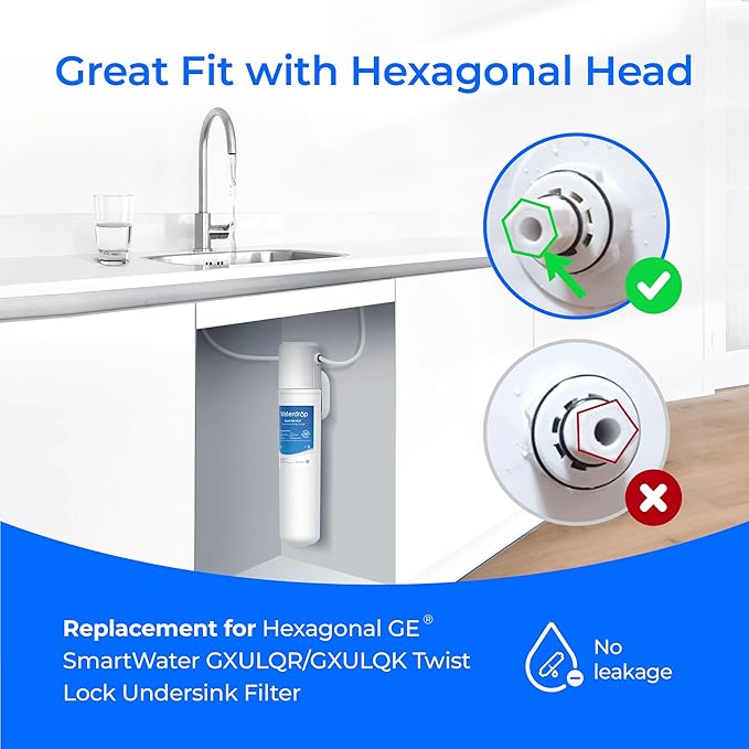 Waterdrop GXULQR, FQK1R Under Sink Replacement Filter, Replacement for Hexagonal Head GE SmartWater GXULQR, GXULQK and GXK140TNN, 2K Gallons (Pack of 2)