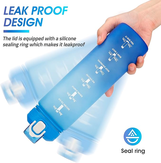 Motivational Water Bottle with Time Marker- 32oz Water Bottles with Times to Drink, Leakproof & BPA Free Sports Water Bottle with Straw & Carry Strap for Fitness, Gym, and Outdoor Sports