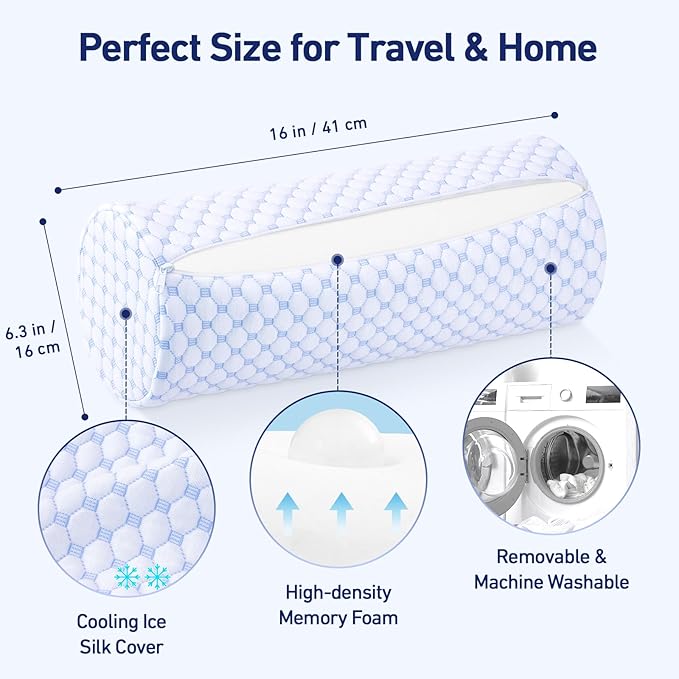 Neck Roll Pillow with Cooling Pillowcase - 16 x 6.3 Inch Round Neck Pillow for Sleeping - Memory Foam Bolster Pillow for Legs, Cylinder Pillows for Cervical, Back, Lumbar (Cool Blue)