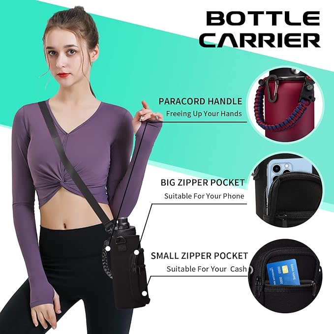 40OZ Stainless-steel Water-Bottle with Straw - Pop-up Spout & Straw Lids, Survival Paracord Handle, Storage Sleeve & Cup Mat, Leak Proof Reusable Insulated Men Women Water Jug for Gym Workout