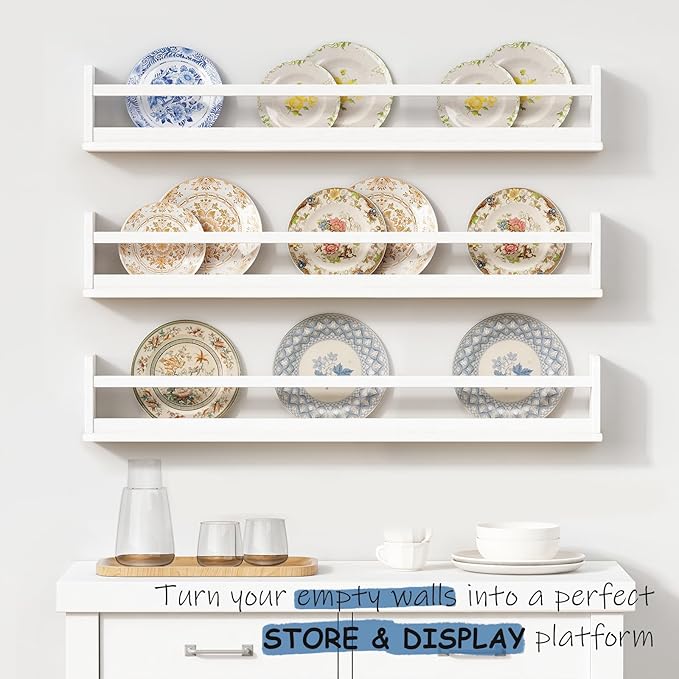 Large Nursery Book Shelves 36 Inches Long Set of 3, Modern Plate Shelf for Wall Display, Floating Shelves with Lip and Clothes Rod for Kids Bedroom Living Room Kitchen Bathroom (White)