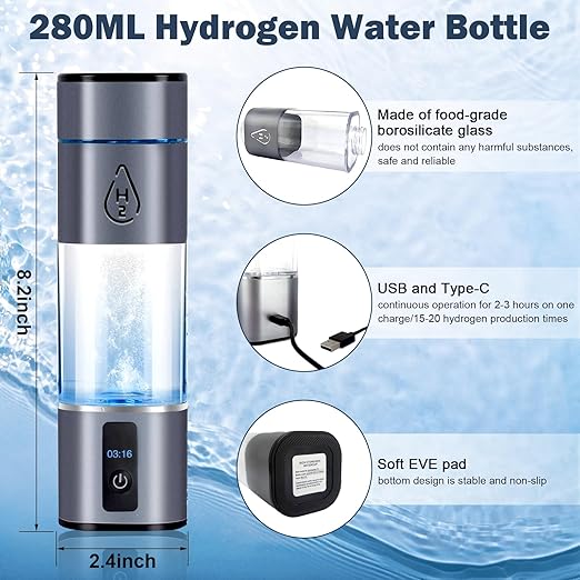 Hydrogen Water Bottle Generator, Hydrogen Water Bottle, 2 in1 Portable Hydrogen Water Generator,LED Display Hydrogen-Rich Water Bottle,Suitable for Office, Sports, Travel and Gifts(280ml)