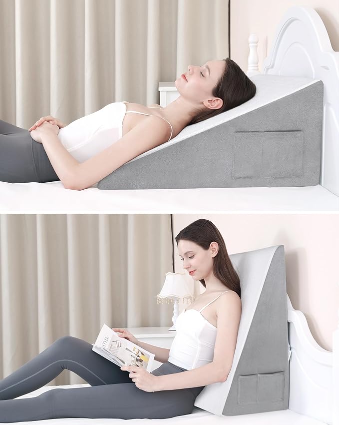 Wedge Pillow for Sleeping, 12 Inch Bed Wedge Pillow for After Surgery, Acid Reflux, Memory Foam Top Triangle Pillow Wedge for Head, Back, Leg with Knitted Breathable Cover