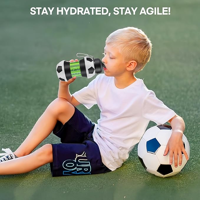 Kids Sports Collapsible Water Bottle | Ball Shaped Drinking Cup | Foldable BPA Free Leakproof Lightweight Silicon Jug | School Lunch Mug Team Gift Travel (Soccer 550ml/18.6oz)