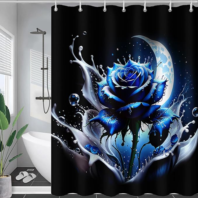 AILONEN 3D Rose Shower Curtain for Bathroom, Evening Moon Blue Rose Bath Curtain for Girls Women, Modern Floral Print Minimalism Shower Curtain Waterproof with 12 Plastic Hooks 72" W*72" H