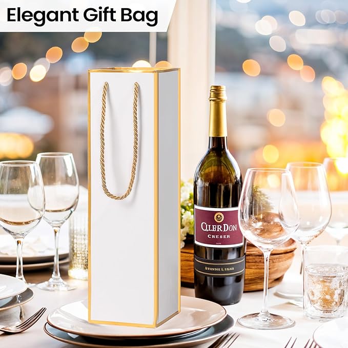 ISKYBOB 10 Packs Wine Gift Bag with Handle, Single Bottle Bags for Wine Kraft Paper Wine Bottle Gifts Box Reusable Gold Foil Gift Wine Bag for Housewarming, Business Dinner, Birthday Party (White)