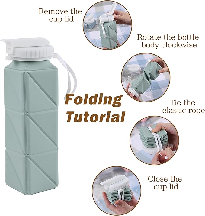 EOBTAIN Collapsible Watter Bottle for Traveling Grey Silicone Foldable Water Bottles with Straw,Portable Lightweight and BPA Free Reusable Water Bottle Cup for Camping Hiking,Leakproof