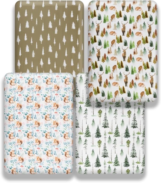 4 Pack Woodland Forest Animals Wood Neutral Unisex Fitted Baby Crib Sheets Set for Baby Boys or Girls (Cartoon Fox, 52 * 28)