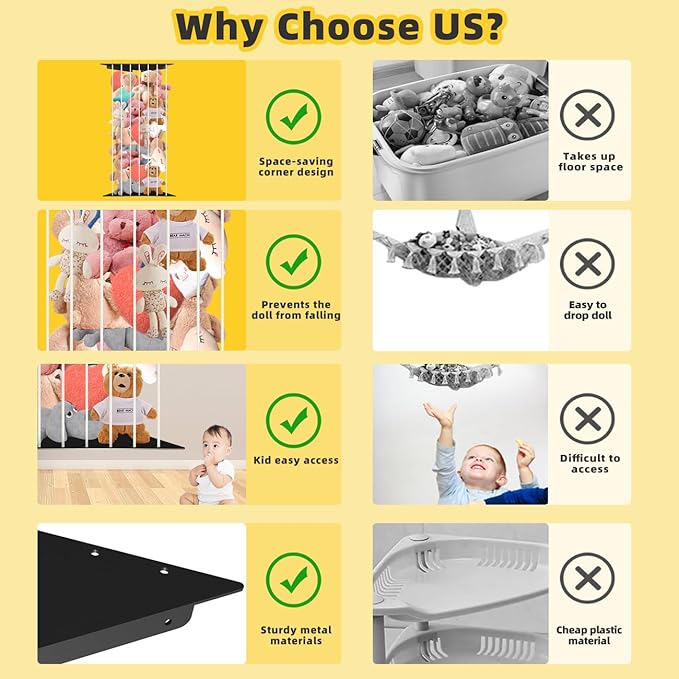 Toy Storage Organizer Corner Stuffed Animal Plush Toy Storage Kids Room Holder with Length Adjustable Large Toys Wall Hanging Shelf for Nursery Playroom Bedroom Sturdy Metal Black