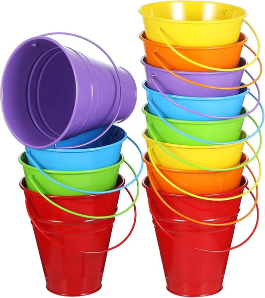 Sadnyy 12 Pack Metal Buckets with Handle, Galvanized Bucket 4.5 x 5 Inch Basket Bucket for Kids, Kids Party Supplies, Crafts for Christmas Halloween Christmas Candy Bars Vase Crafts(Rainbow Color)