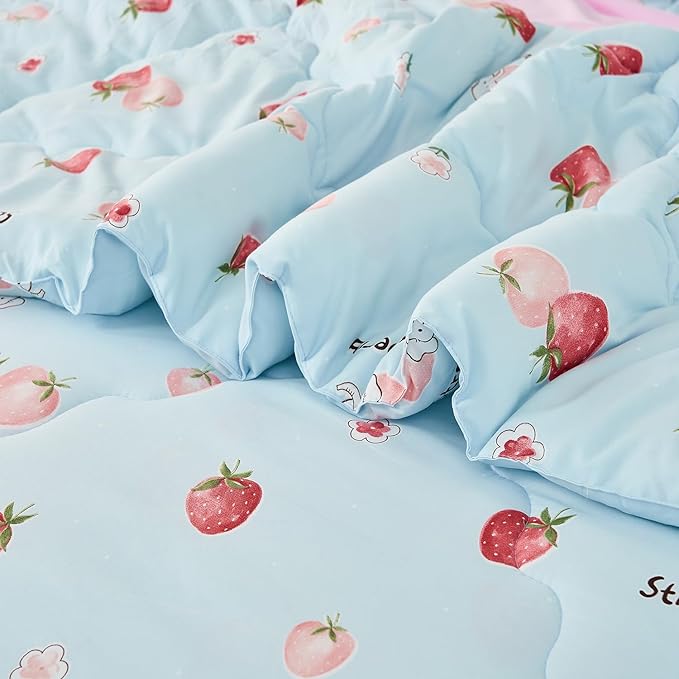 Wajade Kids Strawberry Comforter Set Bed in A Bag Full Size 7 Piece Blue 3D Cute Strawberry Fruit Bedding Set for Girls Boys (1 Comforter, 1 Flat Sheet, 1 Fitted Sheet, 2 Pillowcase and 2 Pillow Sham)