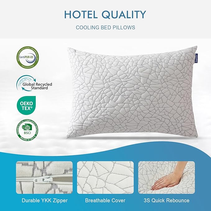 Dafinner Adjustable Shredded Memory Foam Pillow Standard/Queen Size - 100% Removable Cover from Bamboo Derived Rayon, Cooling Medium Bed Pillow for Side Stomach & Back Sleepers - Pack of 1, 20"x28"