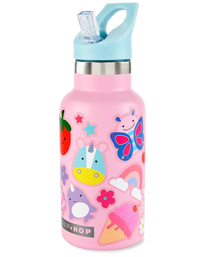 Skip Hop Stainless Steel Kids Canteen Bottle with Stickers, Straw 12.85 oz Pink